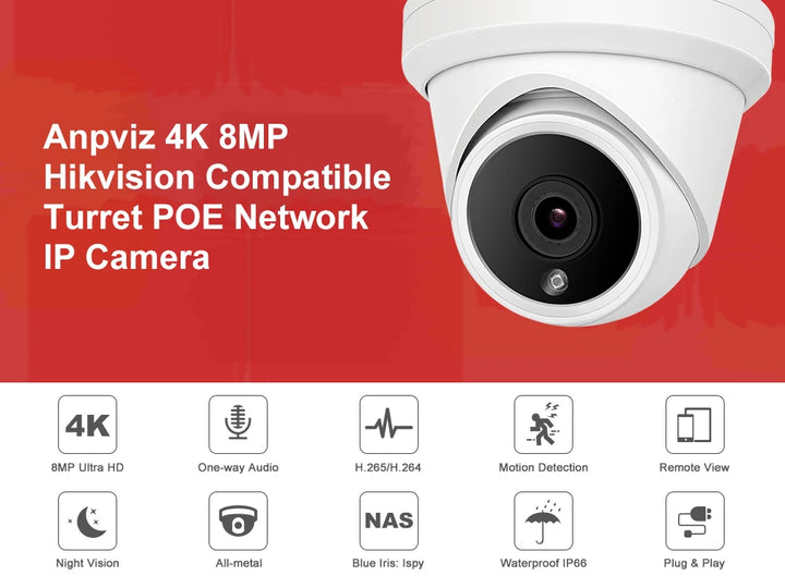 Anpviz 8MP POE IP Camera Outdoor Security 4K Video Surveillance Turret Camera Motion Detection P2P View Danale APP Built-in Mic