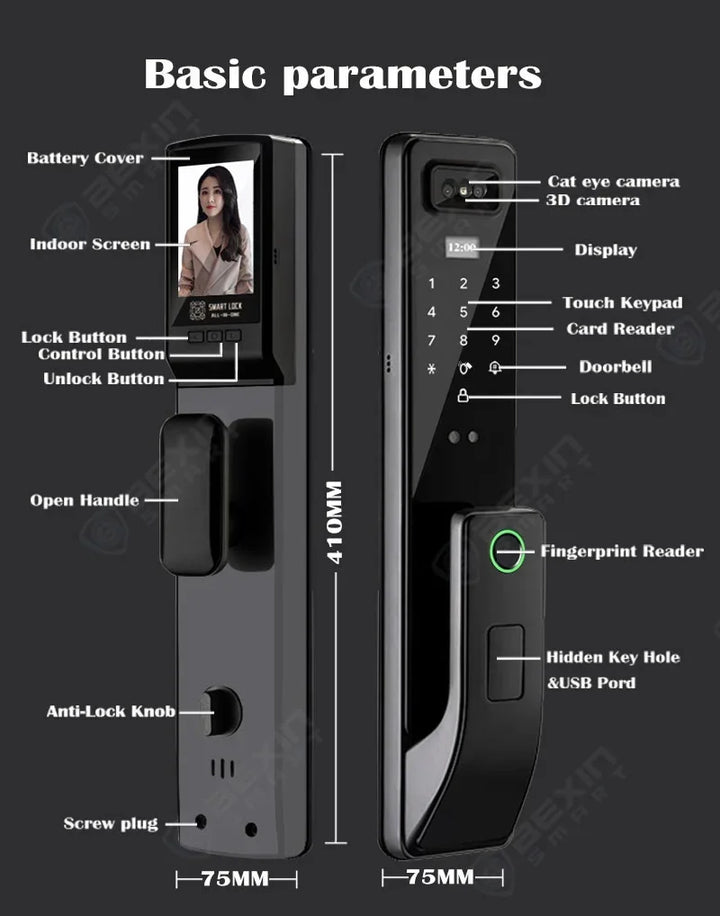 Tuya Wifi App Smart Lock With 3D Face Recognition And Camera Video Intercom Door Lock Digital Card Nfc Keyless Safe Smart Lock