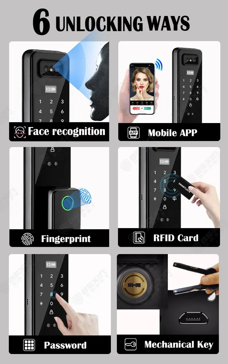 Tuya Wifi App Smart Lock With 3D Face Recognition And Camera Video Intercom Door Lock Digital Card Nfc Keyless Safe Smart Lock