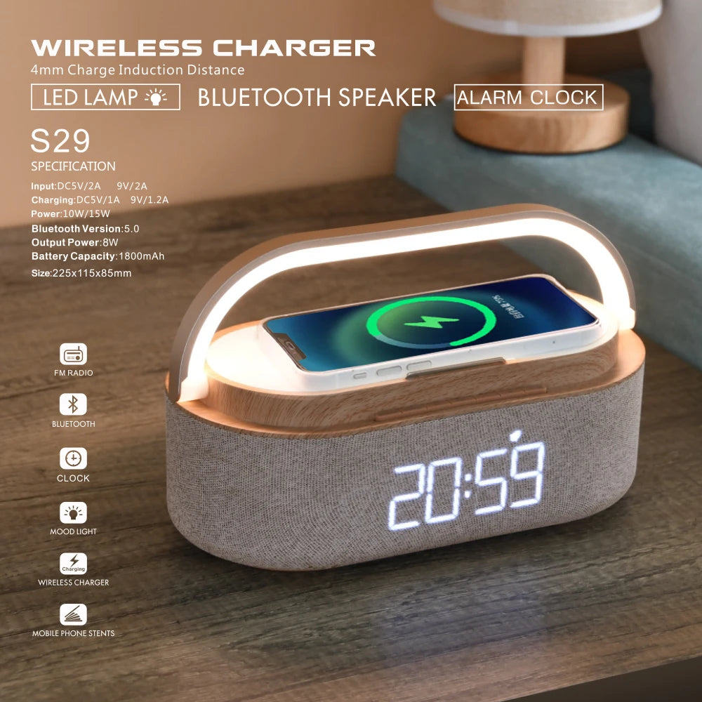 Portable Digital FM Alarm Clock Bluetooth Speaker Radio Wireless Charger 15W Touch Night Light Dual Home Bedside Subwoofer NEW