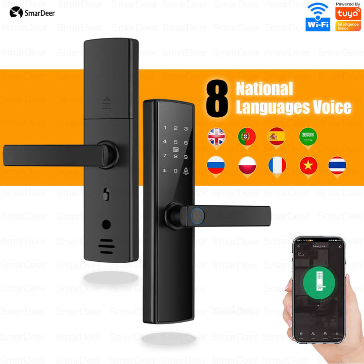 SmarDeer Electronic Door Lock Tuya Smart Lock with 5-in-1 Fingerprint Lock Keyless Entry via Fingerprint/Coed/Card/App