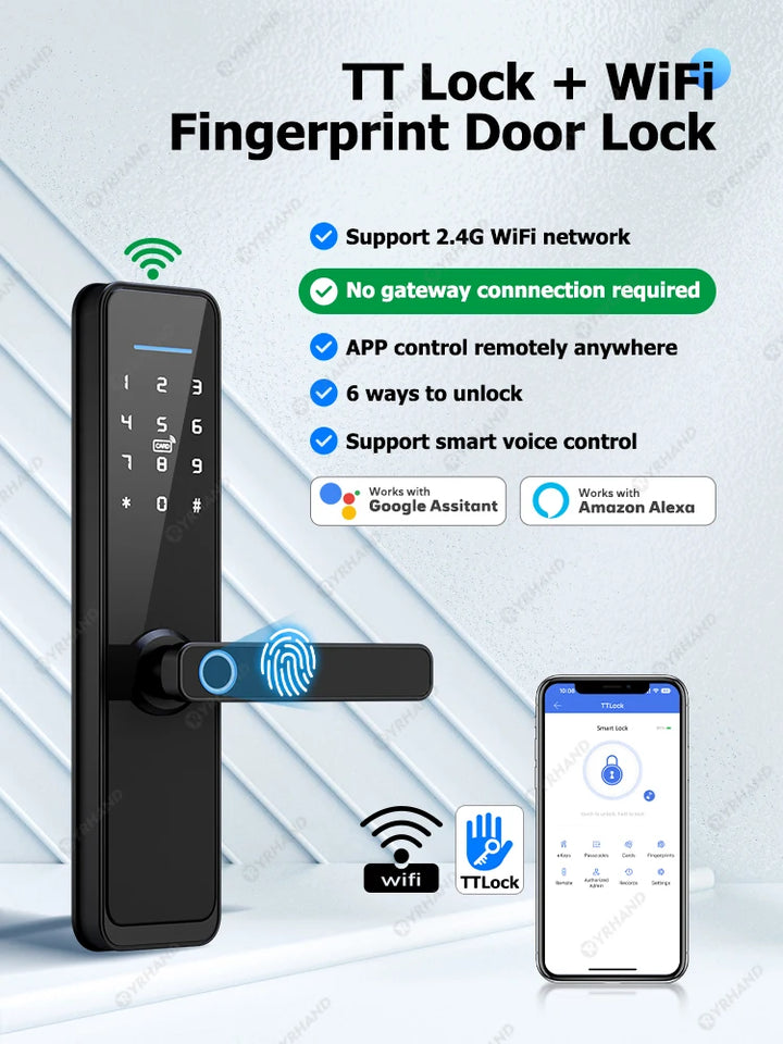 YRHAND New Ttlock Wifi Electronic Smart Door Lock With Biometric Fingerprint Work with Google home Aleax For home or Hotel