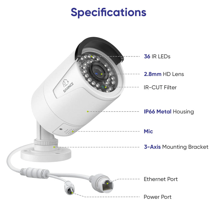 SANNCE 2PCS Ultra HD 5MP POE Camera Outdoor Indoor Weatherproof Security Network Bullet EXIR Night Vision Email Alert Camera Kit