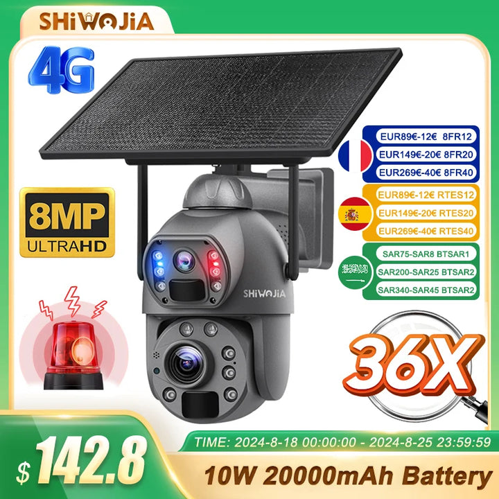 SHIWOJIA 36X ZOOM 8MP 4G SIM Solar Camera Outdoor 360° Wireless WIFI Battery Security Cameras with Solar Panel PIR Night Vision