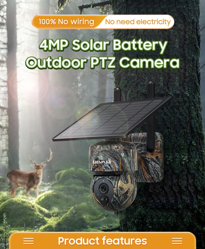 SHIWOJIA 4MP Camouflage Color Solar Camera 4G/Wifi PTZ 360° Full View Outdoor Video Surveillance Camera With Solar Panel 7800mAh