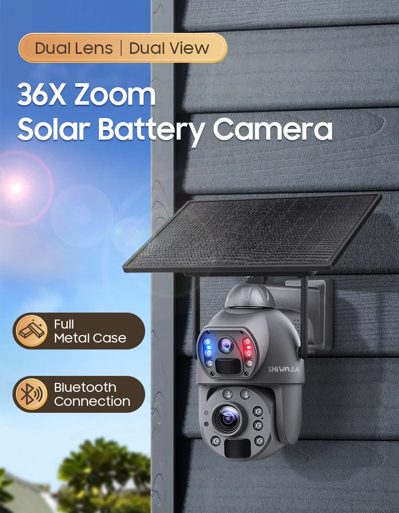 SHIWOJIA 36X ZOOM 8MP 4G SIM Solar Camera Outdoor 360° Wireless WIFI Battery Security Cameras with Solar Panel PIR Night Vision