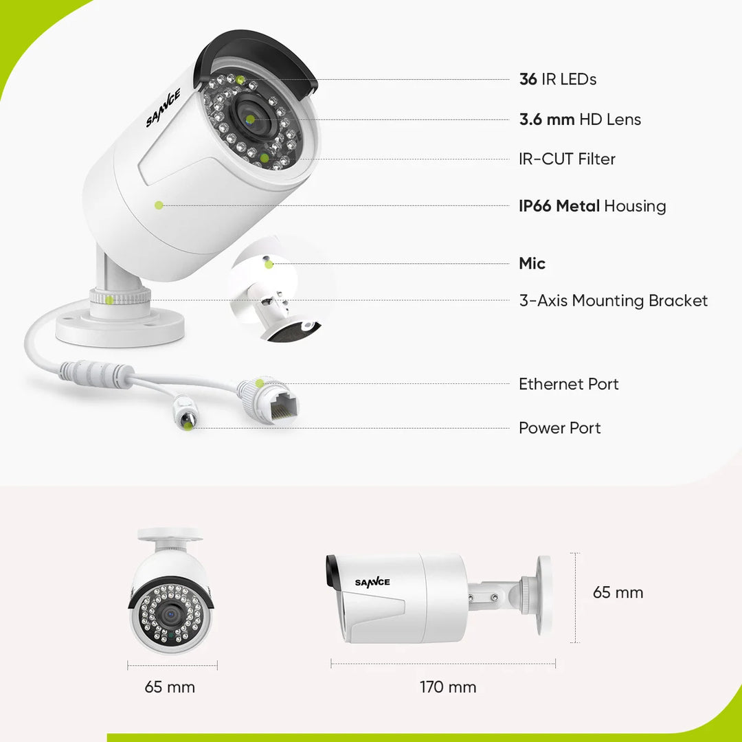 SANNCE 2PCS Ultra HD 5MP POE Camera Outdoor Indoor Weatherproof Security Network Bullet EXIR Night Vision Email Alert Camera Kit