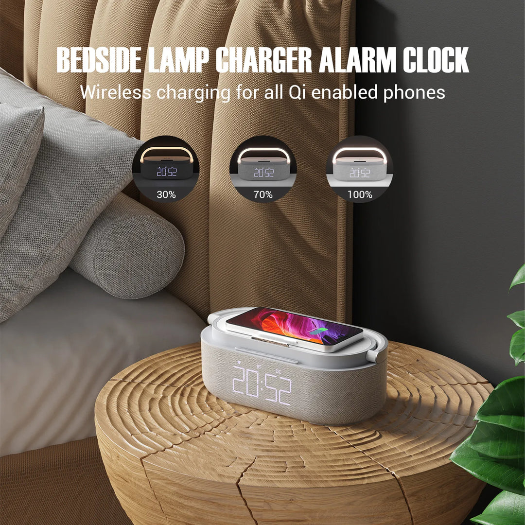 Portable Digital FM Alarm Clock Bluetooth Speaker Radio Wireless Charger 15W Touch Night Light Dual Home Bedside Subwoofer NEW