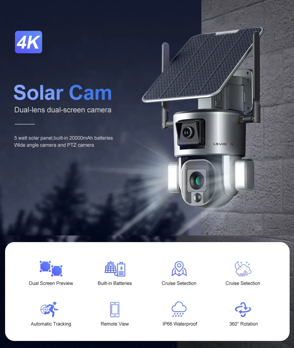 LS VISION 4K 8MP caméra solaire à double objectif extérieur 4G/WiFi double écrans 4X 10X Zoom optique suivi humanoïde caméras de sécurité PTZ