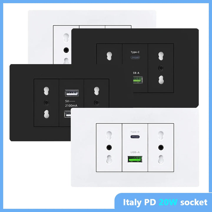 White/black embedded Italy Chile plug usb C wall socket,16A power strip, smart Type-c 20W fast charging socket adapter