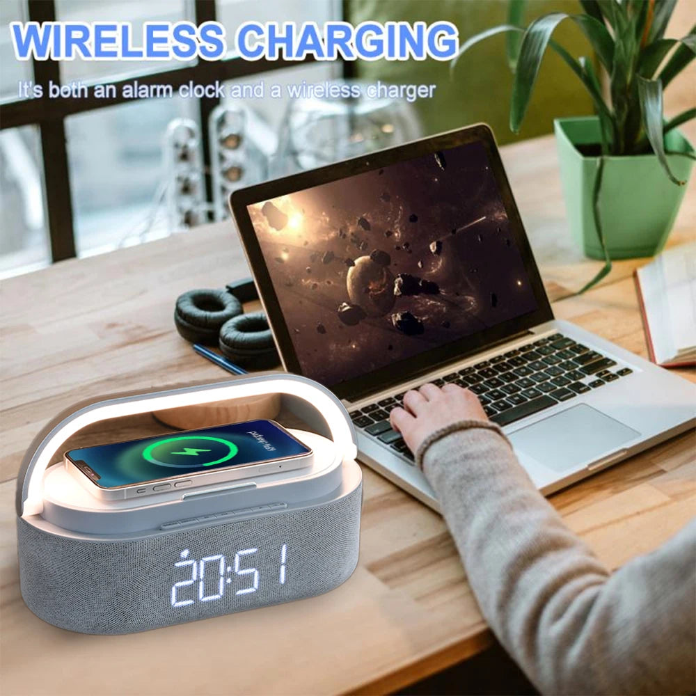 Portable Digital FM Alarm Clock Bluetooth Speaker Radio Wireless Charger 15W Touch Night Light Dual Home Bedside Subwoofer NEW