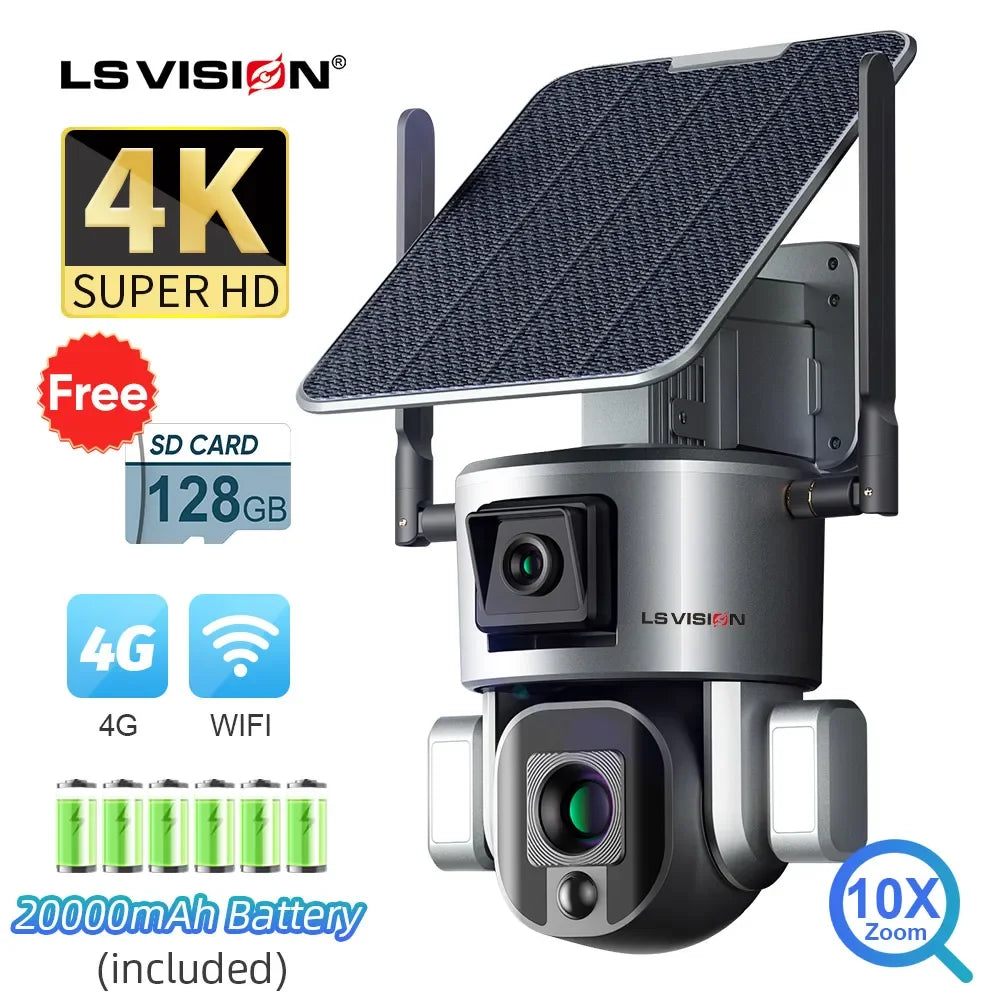 LS VISION 4K 8MP caméra solaire à double objectif extérieur 4G/WiFi double écrans 4X 10X Zoom optique suivi humanoïde caméras de sécurité PTZ