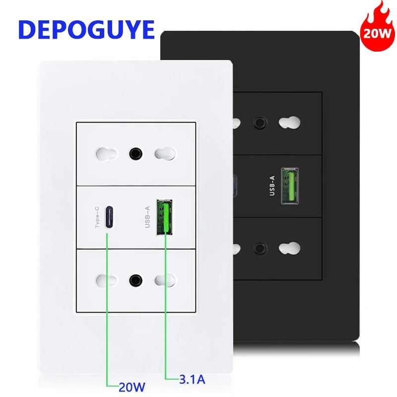 White/black embedded Italy Chile plug usb C wall socket,16A power strip, smart Type-c 20W fast charging socket adapter