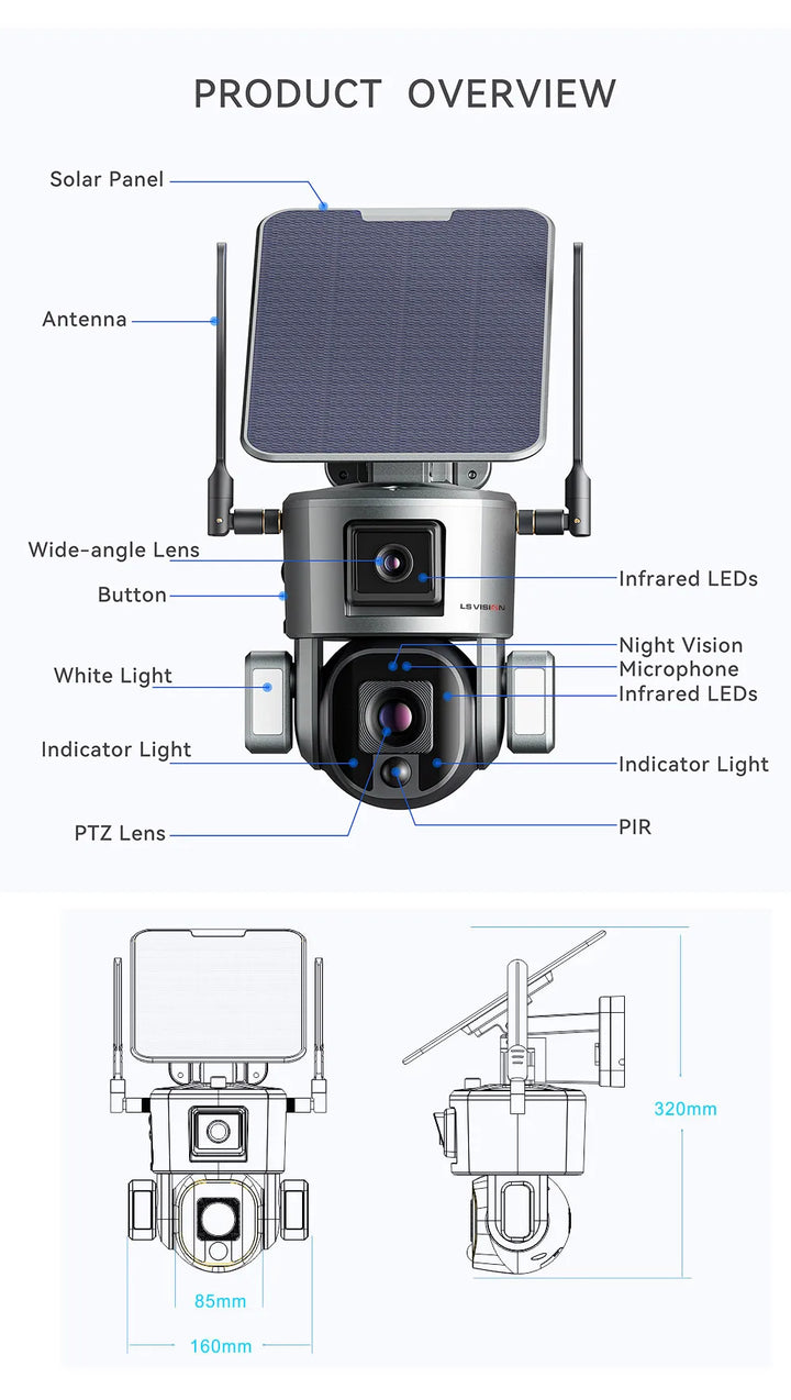 LS VISION 4K 8MP caméra solaire à double objectif extérieur 4G/WiFi double écrans 4X 10X Zoom optique suivi humanoïde caméras de sécurité PTZ