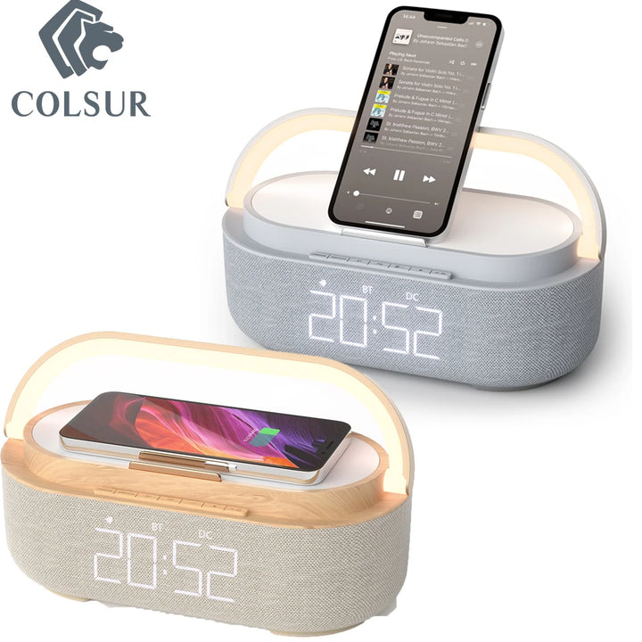 Portable Digital FM Alarm Clock Bluetooth Speaker Radio Wireless Charger 15W Touch Night Light Dual Home Bedside Subwoofer NEW