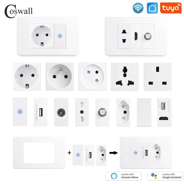 PC Panel Wall US/AU/Thailand/Universal Socket + WIFI Tuya Smart Switch + TV Internet Jack USB Charger Connector DIY Modules