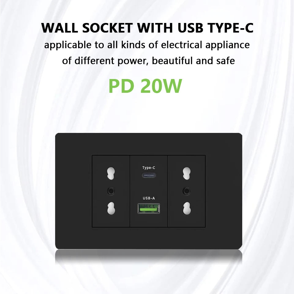 White/black embedded Italy Chile plug usb C wall socket,16A power strip, smart Type-c 20W fast charging socket adapter