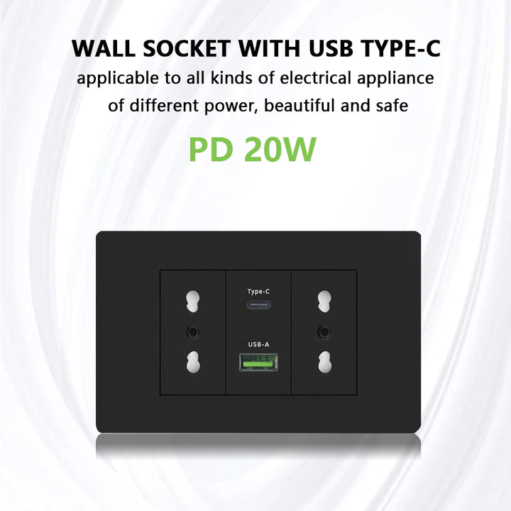 White/black embedded Italy Chile plug usb C wall socket,16A power strip, smart Type-c 20W fast charging socket adapter