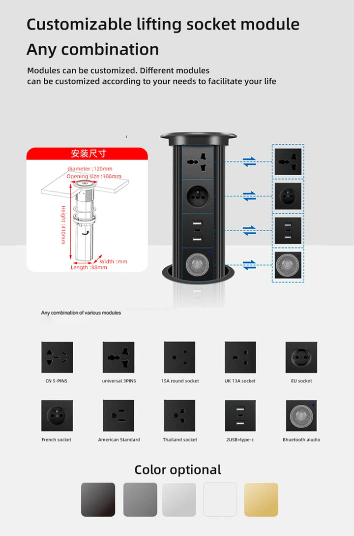 Herepow Automatic Pop Up Socket EU FR UK US Universal Standard Plug Adapter Type-c USB Bluetooth Audio Lift Smart Home Appliance